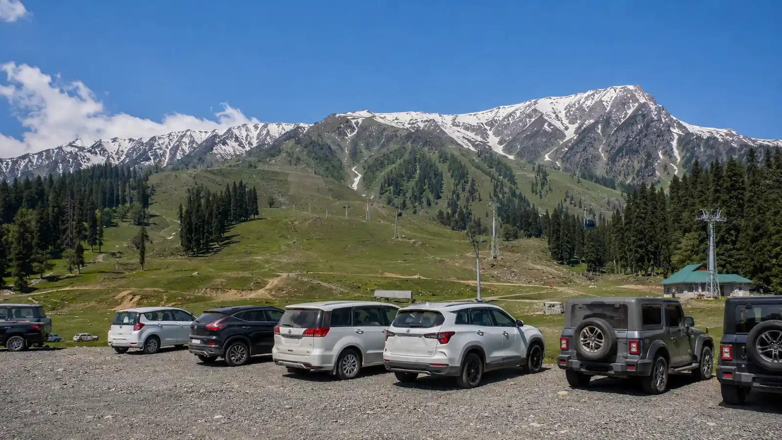 Car parking area near the Gulmarg gondola base where self drive vehicles park