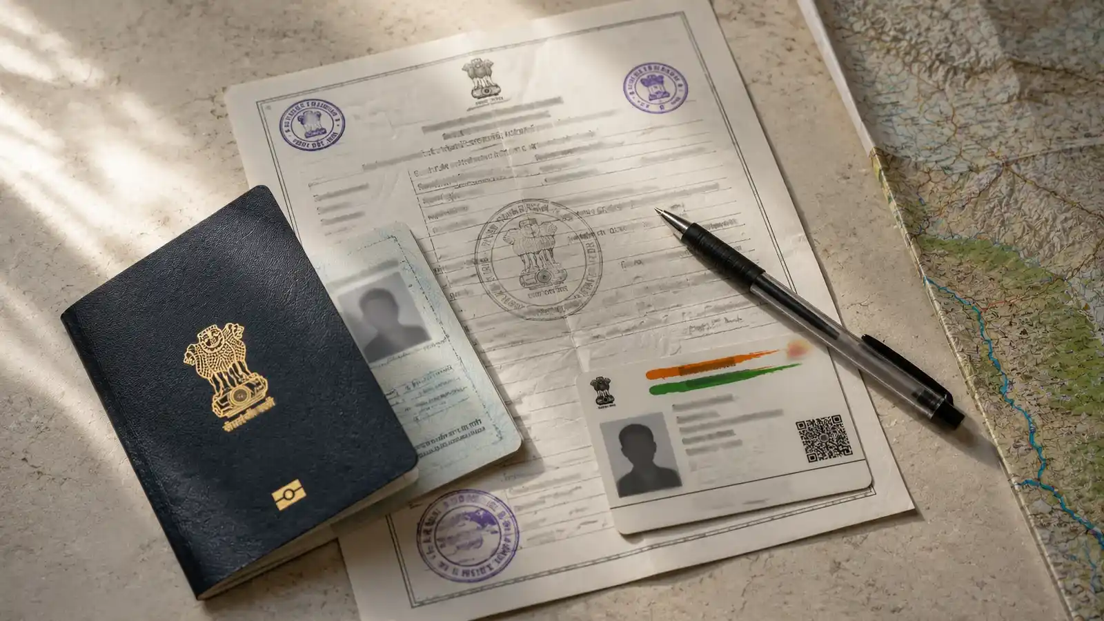 Flat-lay of an Inner Line Permit document, Indian passport, Aadhaar card, pen and Kashmir map on a desk — documents required for Gurez Valley self drive trip