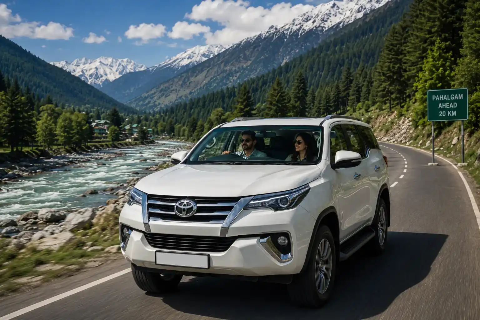 Couple enjoying the journey to Pahalgam with a self drive car rental in Kashmir